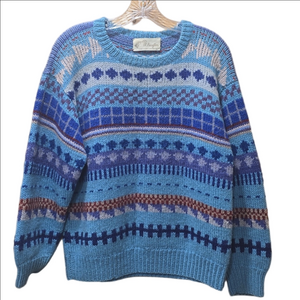 Vintage Peru Hand Knitted Blue Nordic Pullover Sweater
